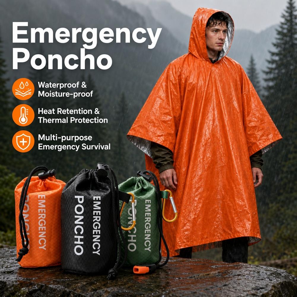 Camping Rain Poncho - Draagbare noodregenponcho-set, waterdichte regenjas met capuchon,